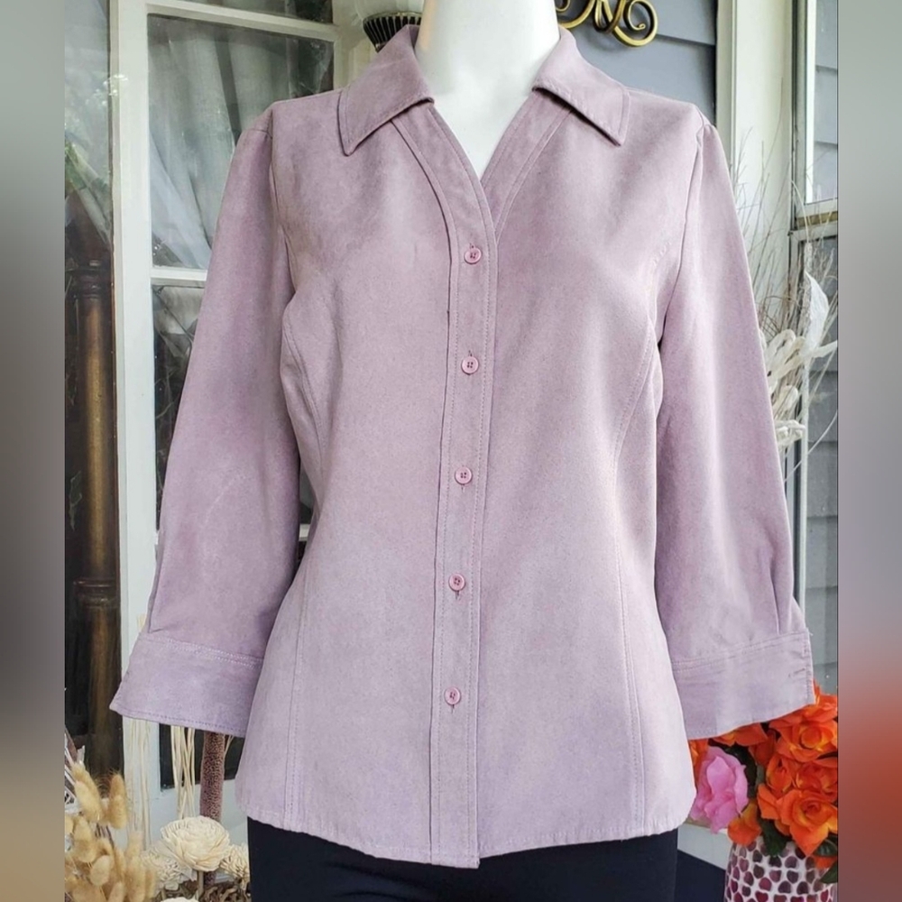 Sonoma Faux Suede ¾ Sleeves Button Cuffs V-neck Button Down Top Shirt Small